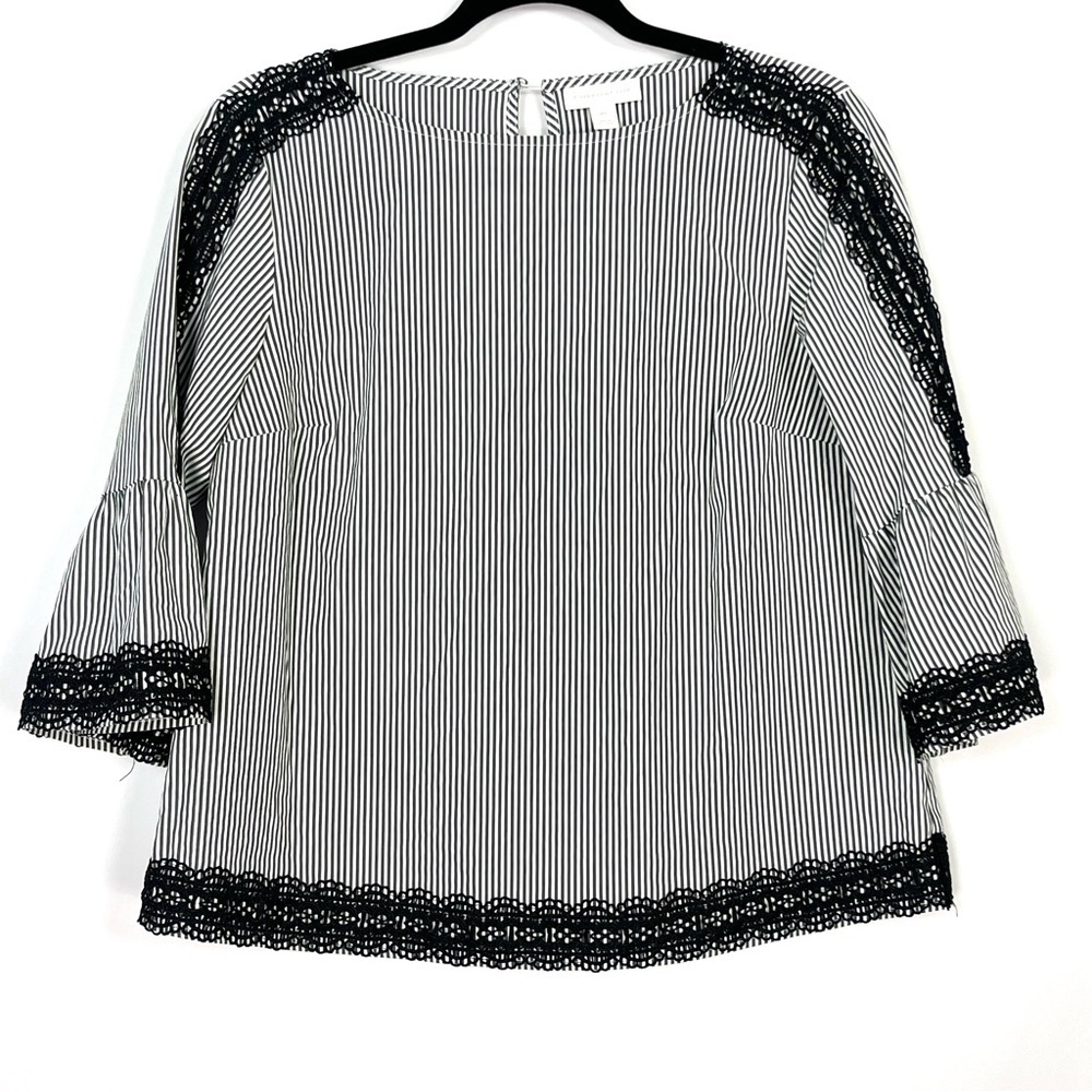 Charter Club Black White Striped Lace Trim Bell 3/4 Sleeves Top Sz Petite Small
